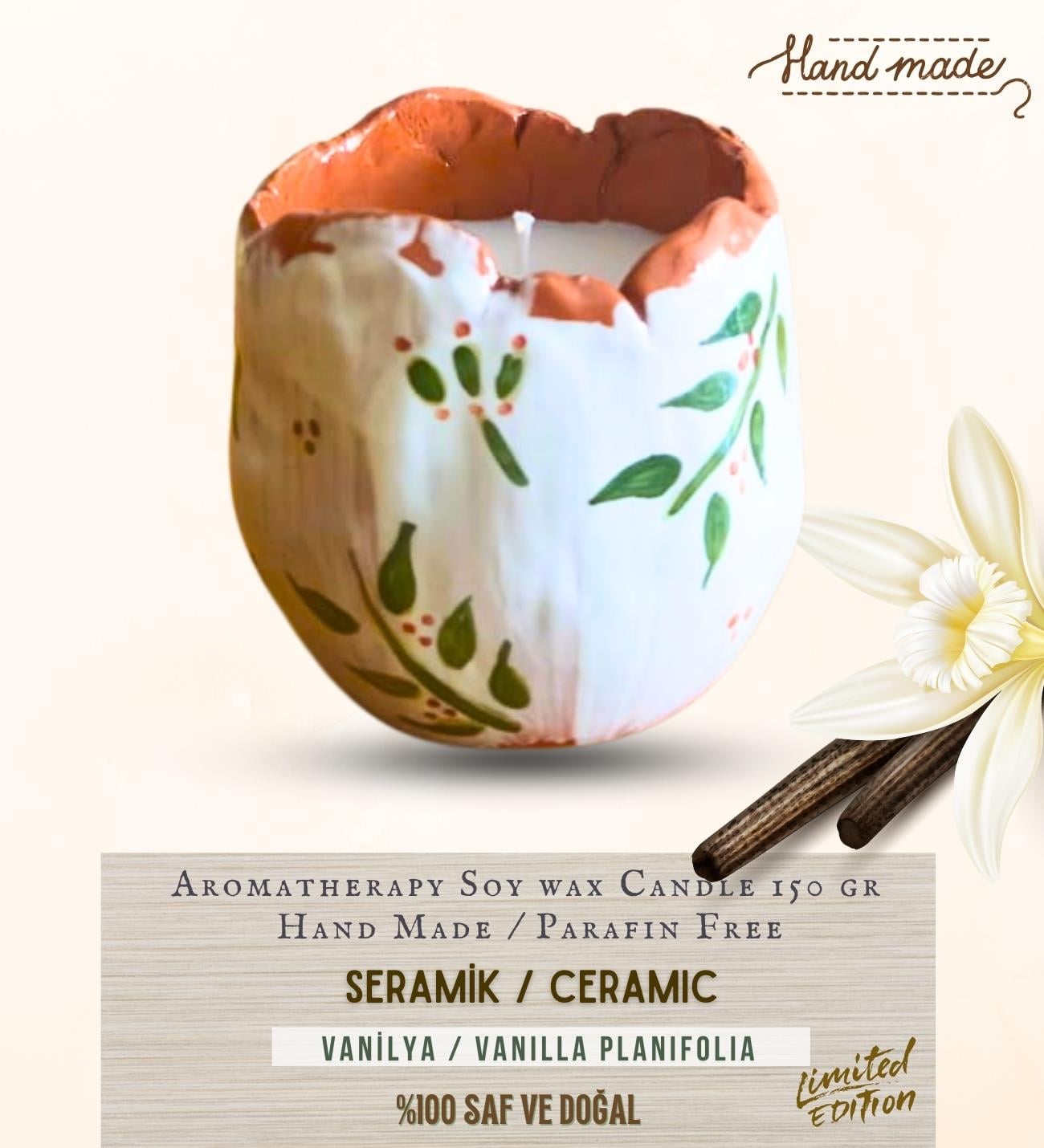 El yapımı seramik mumluk, Aromaterapi mum, Vanilyalı, %100 Saf ve Doğal, 150ml