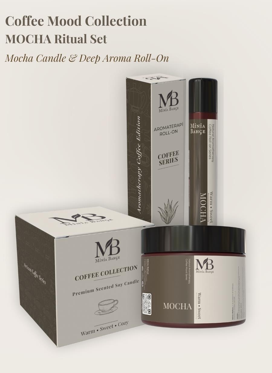 Mocha Ritüel İkili Set – Mocha Soy Wax Mum (100 g) + Deep Aroma Roll-On (10 ml)