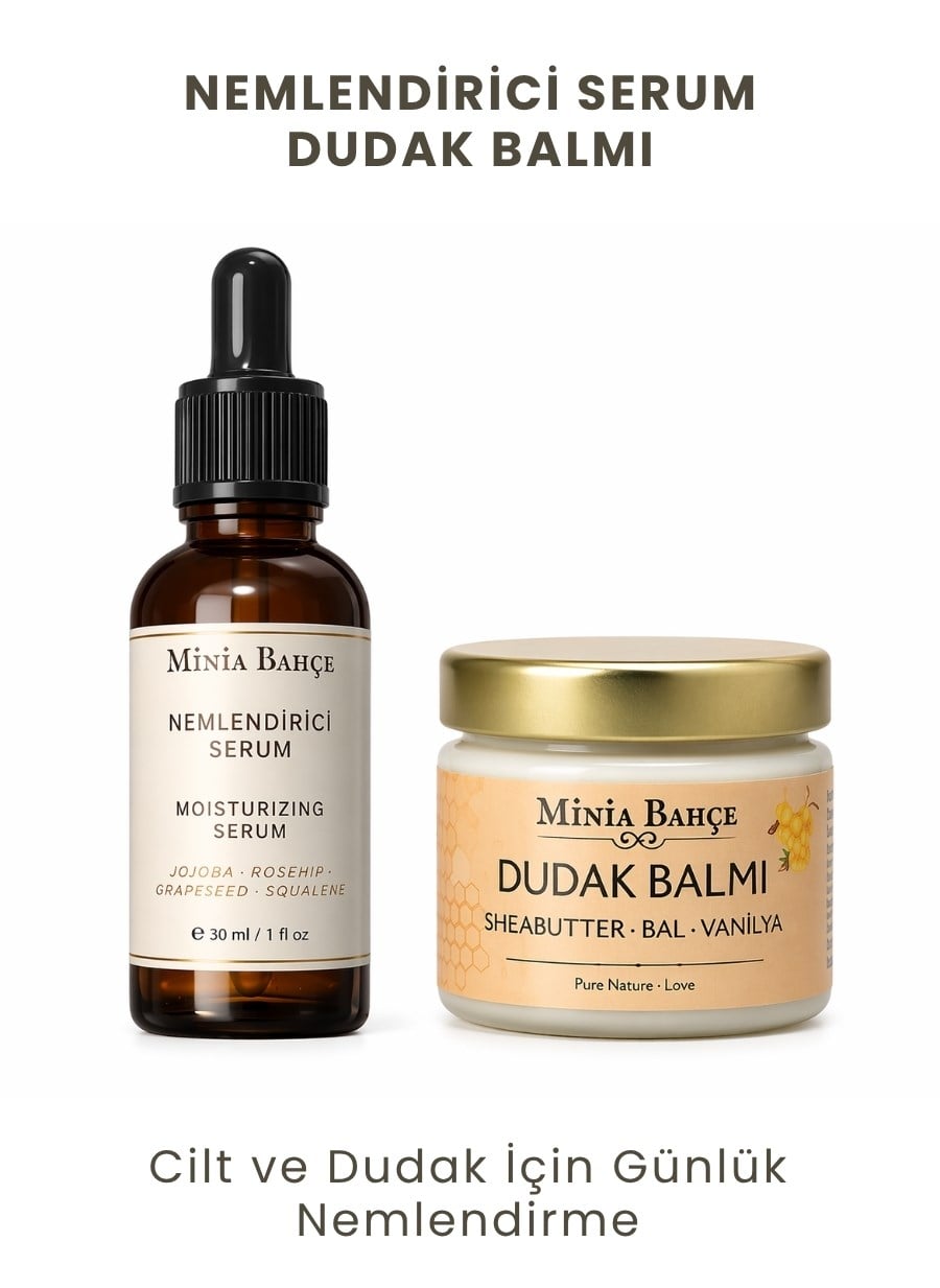 Nemlendirici Bakım Seti - Serum (30ml) + Ballı Vanilyalı Dudak Balmı (30ml)  | %100 Doğal Günlük Nem Desteği