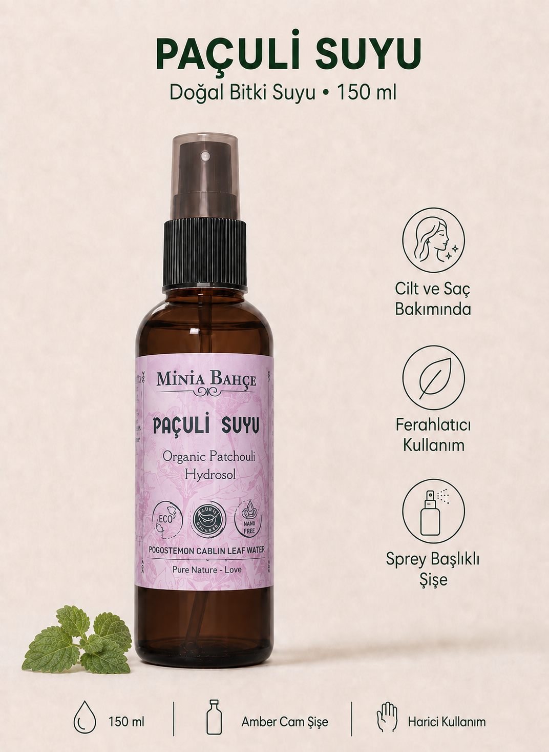Paçuli (Tefarik) Suyu - %100 Doğal ve Yağlı Hidrosol, 150ml