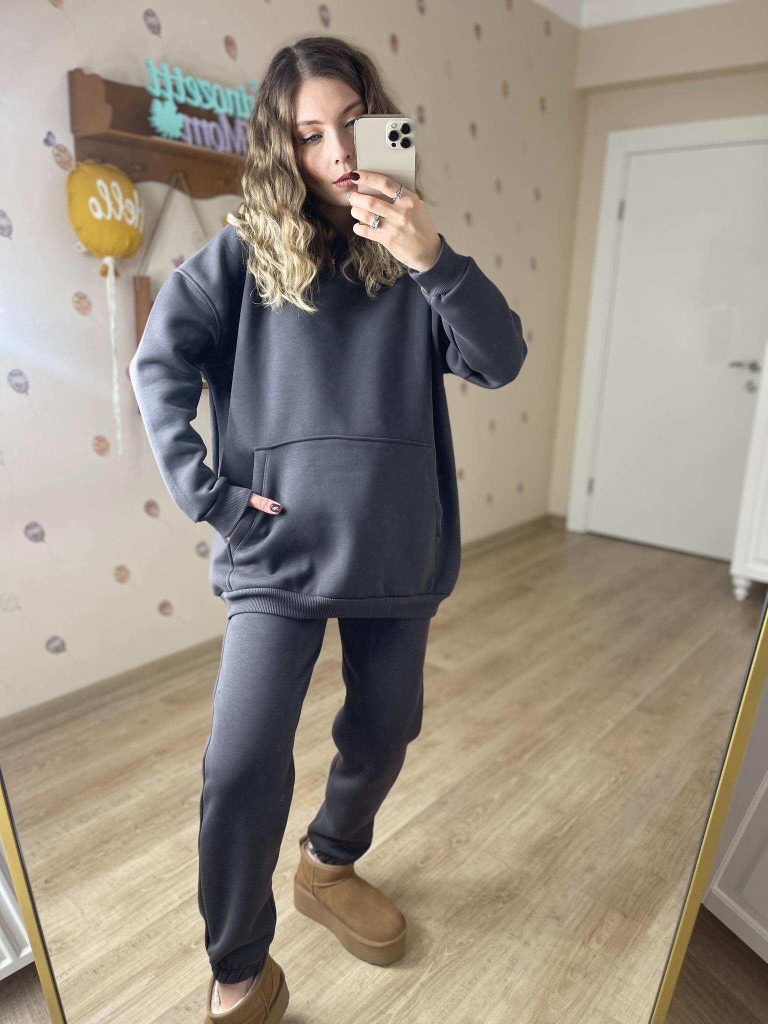 Antrasit Kapüşonlu İçi Polarlı Hoodie Eşofman Takım