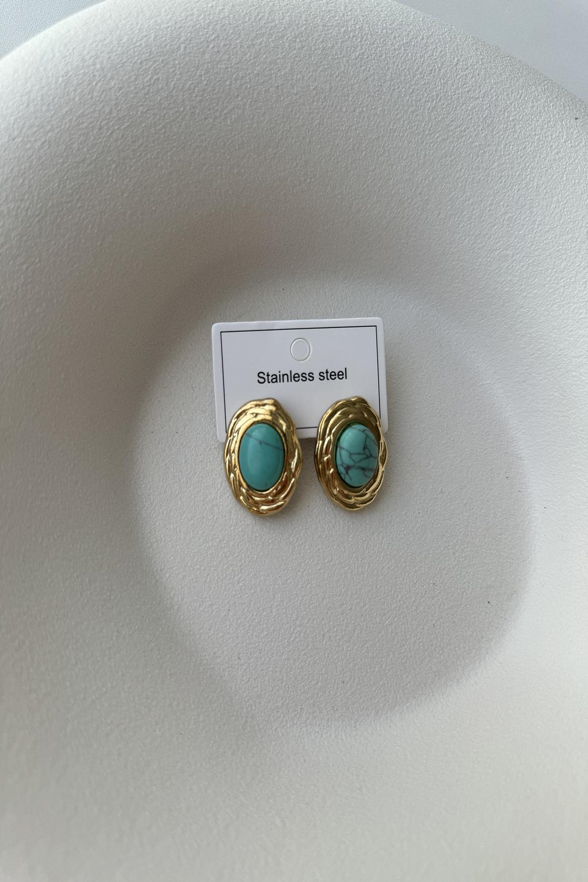 FİRUZE OVAL TAŞLI ÇELİK KÜPE