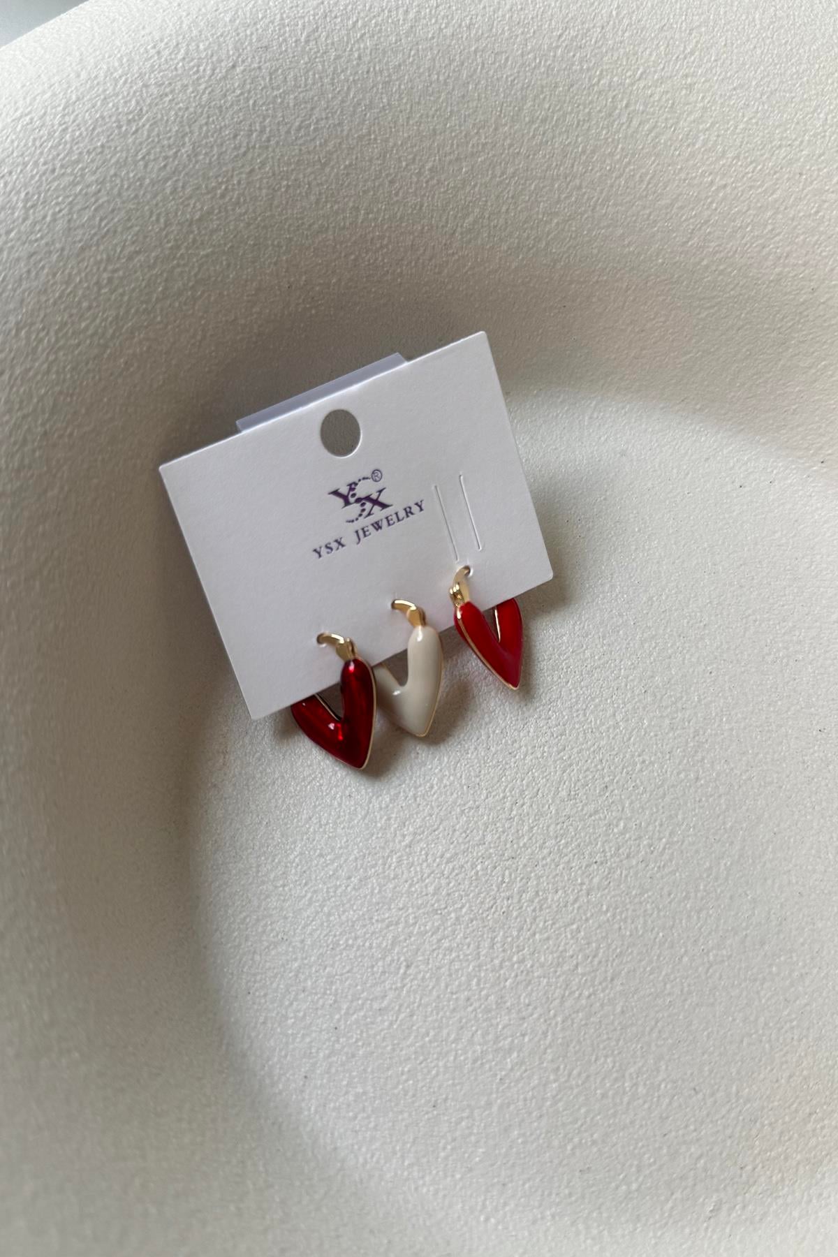 KIRMIZILI KALP ÜÇLÜ VİP SET KÜPE