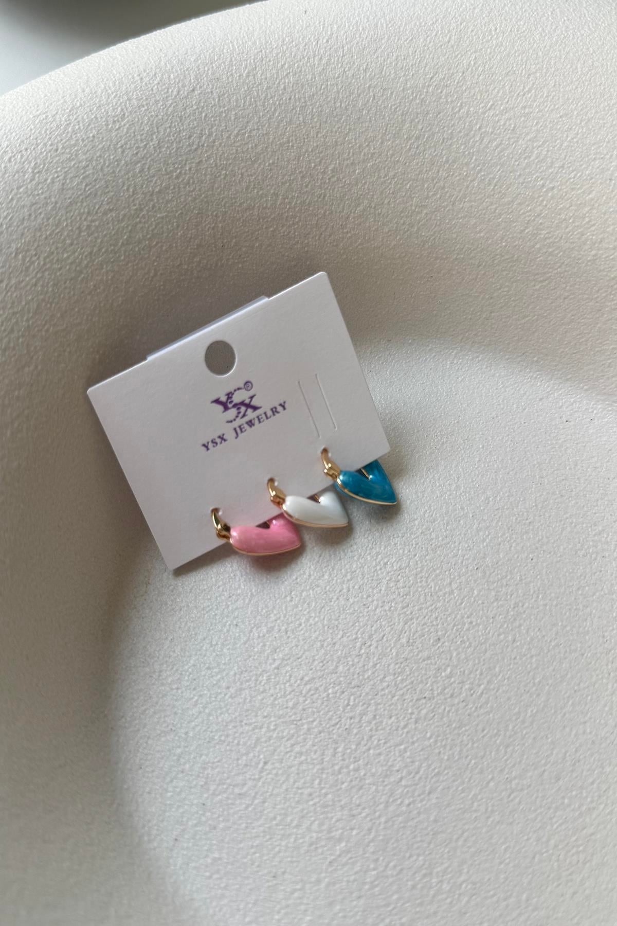 MAVİ PEMBELİ ÜÇLÜ KALP VİP SET KÜPE