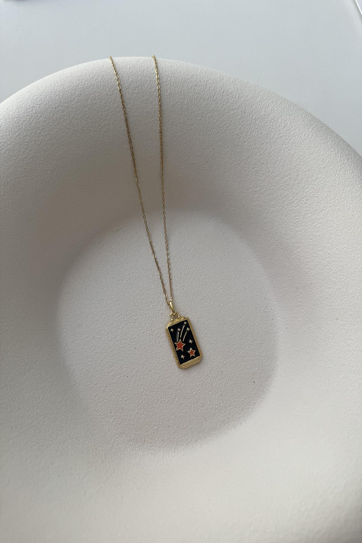 SİYAH TURUNCU MİNELİ YILDIZ TAROT ÇELİK KOLYE