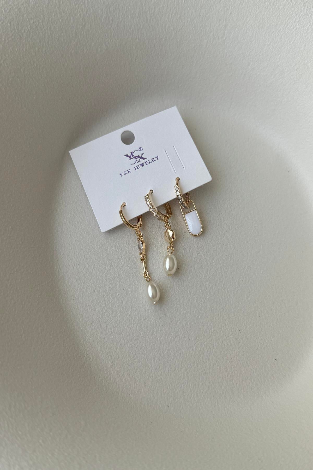 YSX BEYAZ MİNE VE İNCİ SALLANTILI SET KÜPE