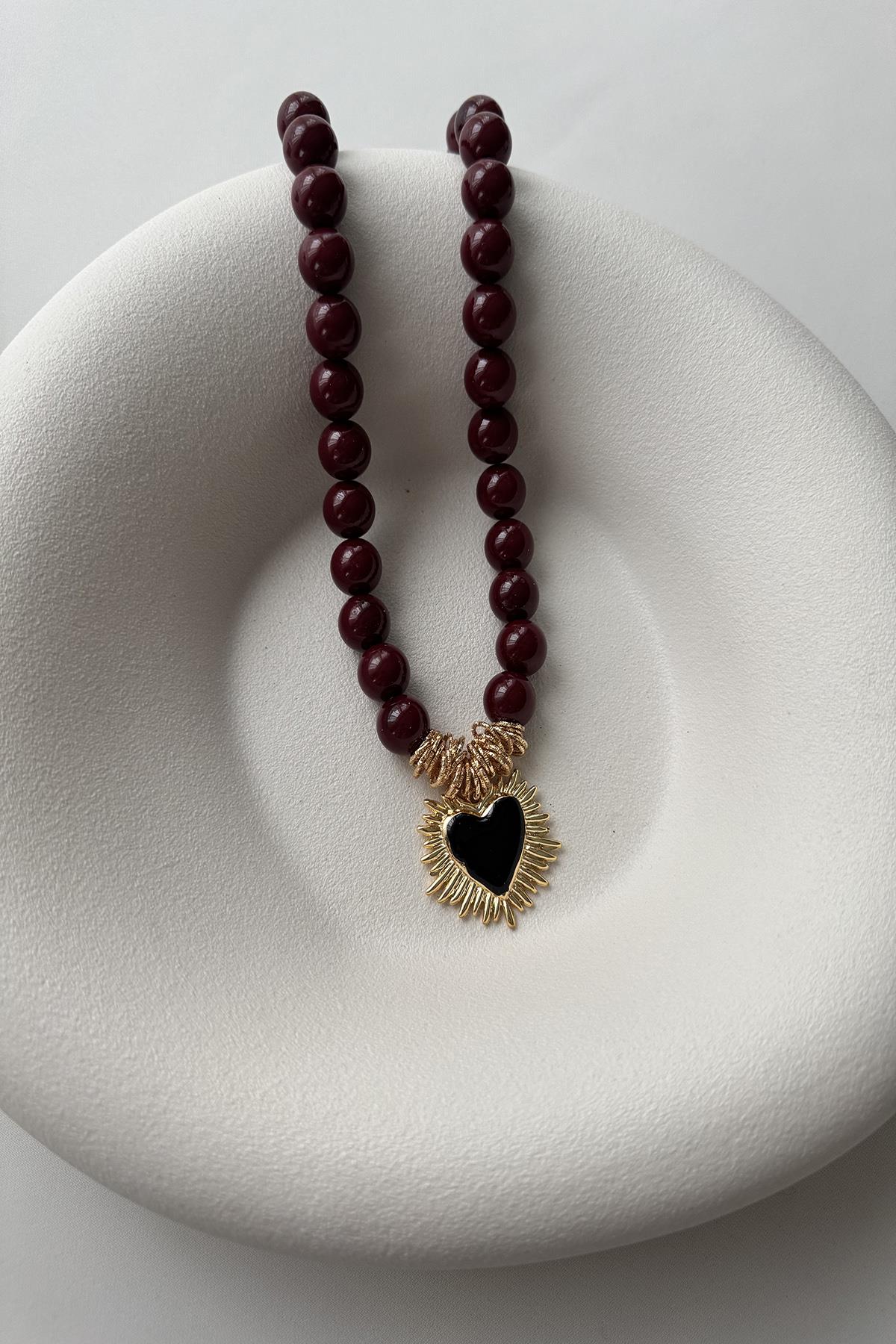 BORDO BONCUK KALP SALLANTILI KOLYE