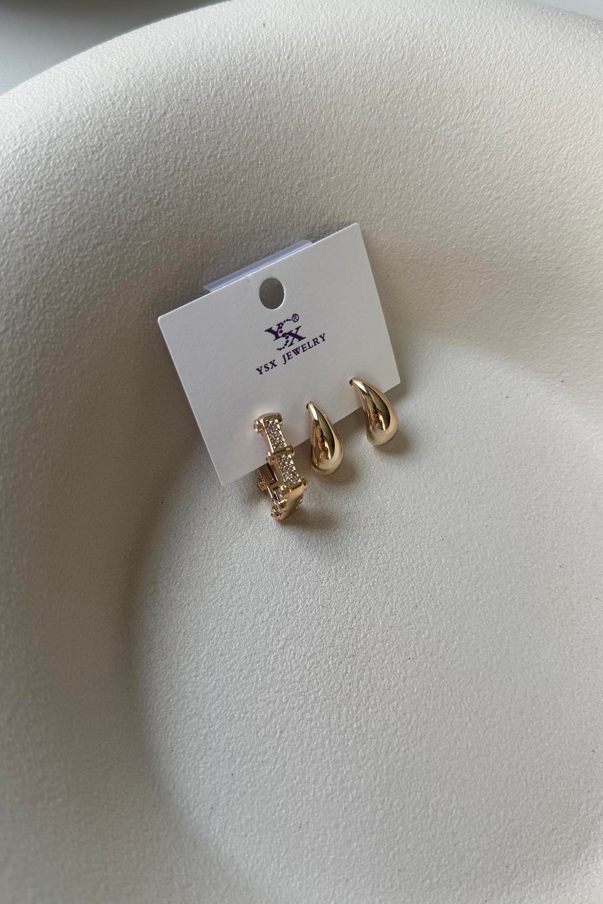 DİKDÖRTGEN HALKA VE SU DAMLASI ÜÇLÜ VİP SET KÜPE