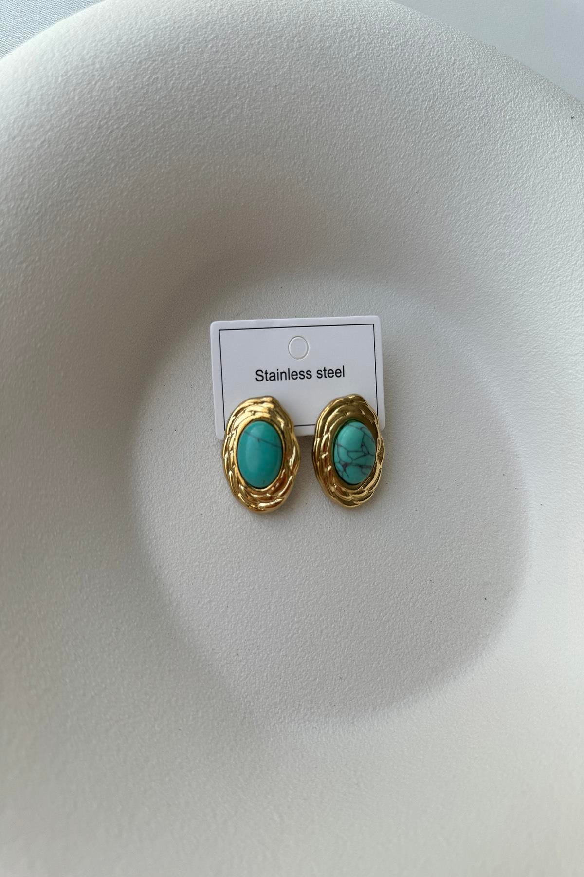 FİRUZE OVAL TAŞLI ÇELİK KÜPE