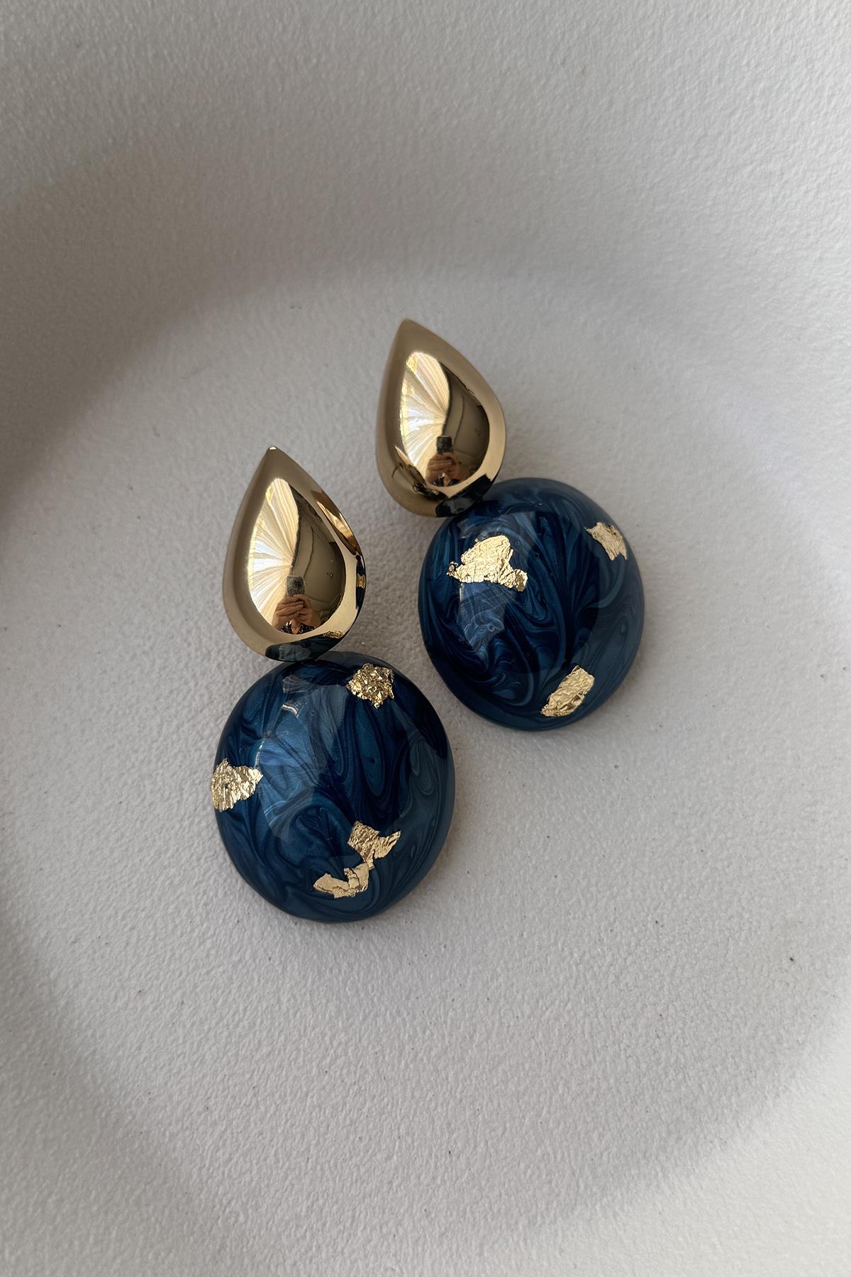 GOLD DETAYLI LACİVERT KÜPE
