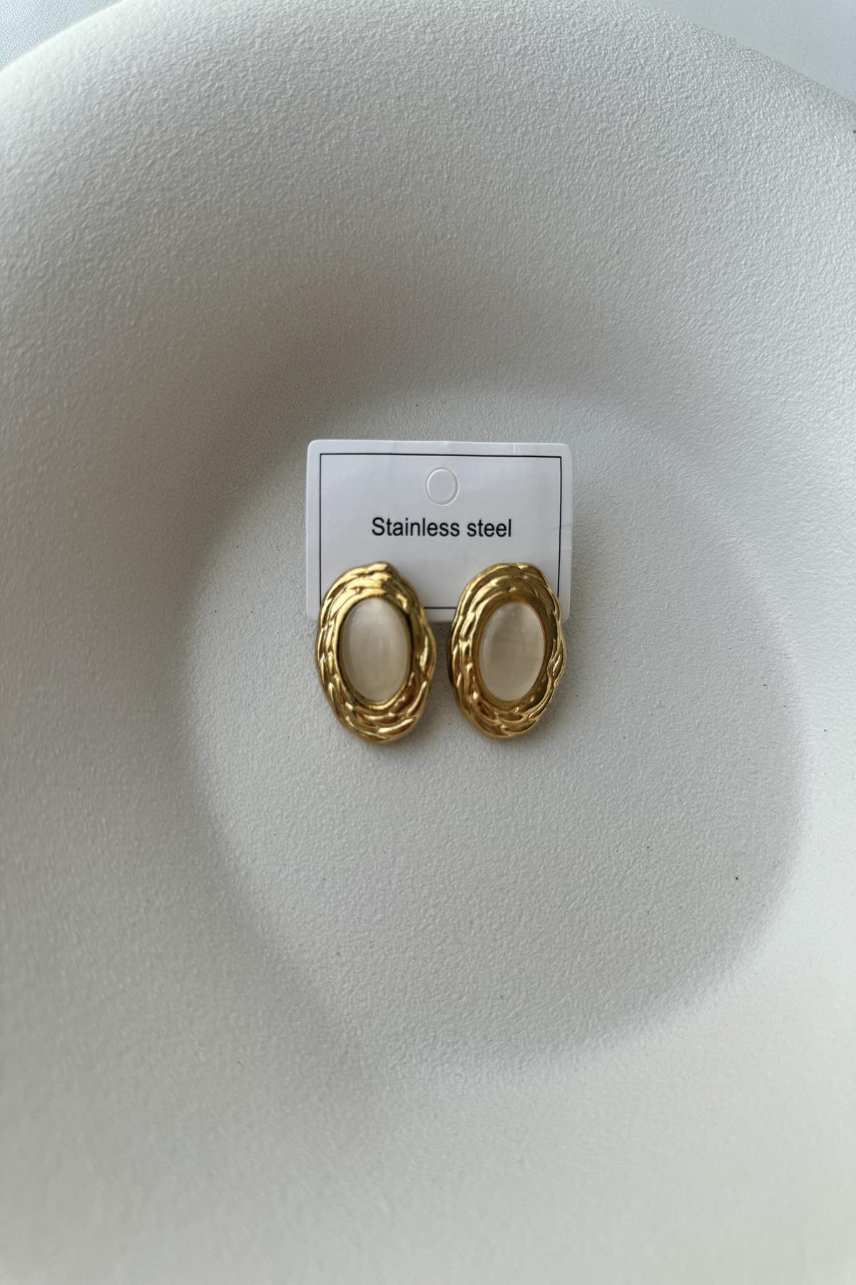 KREM OVAL TAŞLI ÇELİK KÜPE