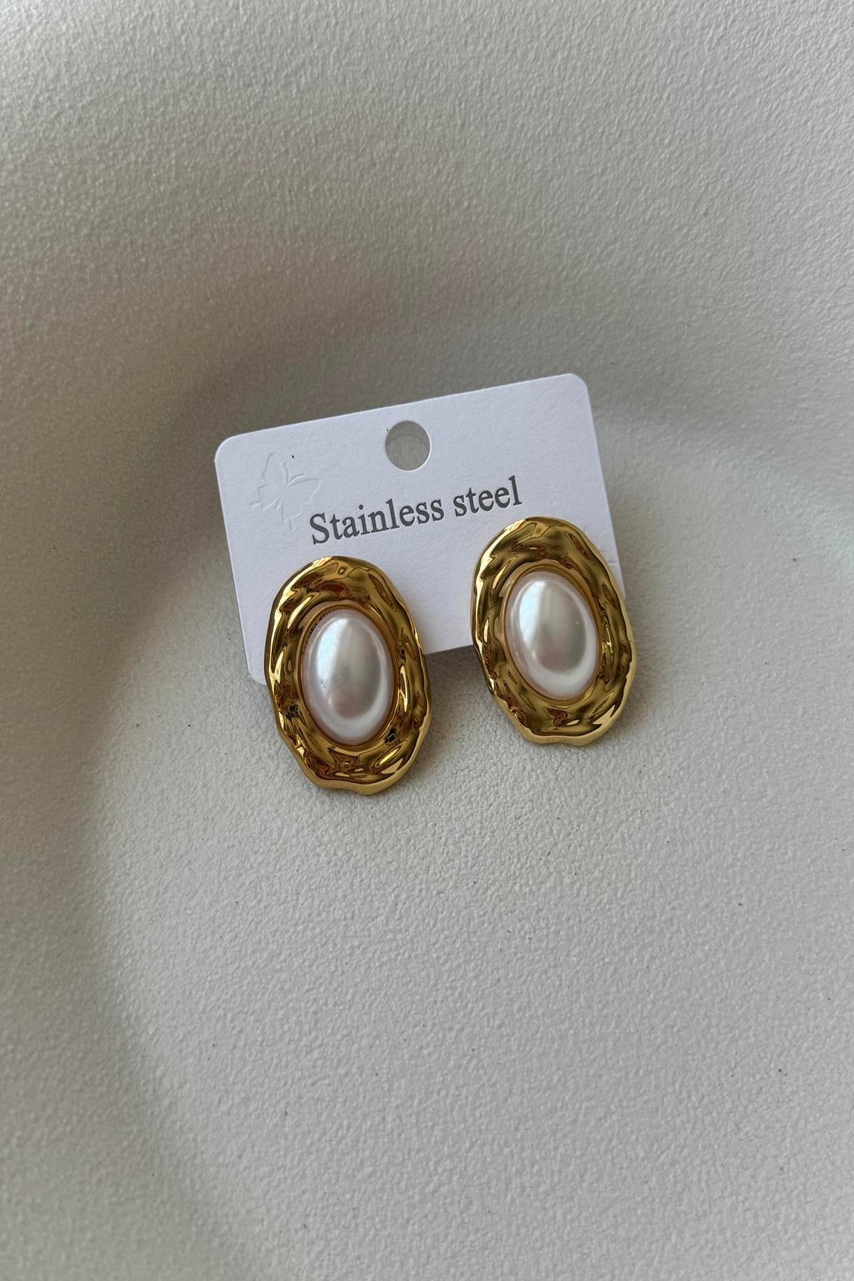 OVAL ORTASI İNCİ VİNTAGE ÇELİK KÜPE