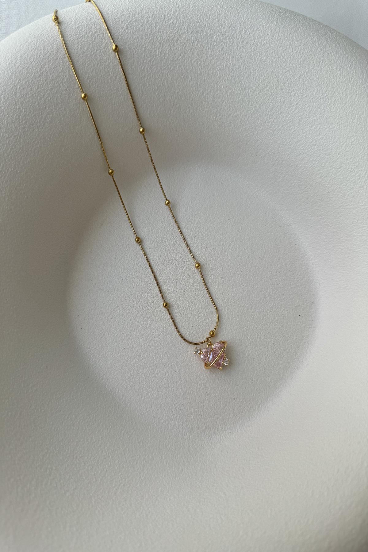PEMBE TAŞLI KALP KOLYE