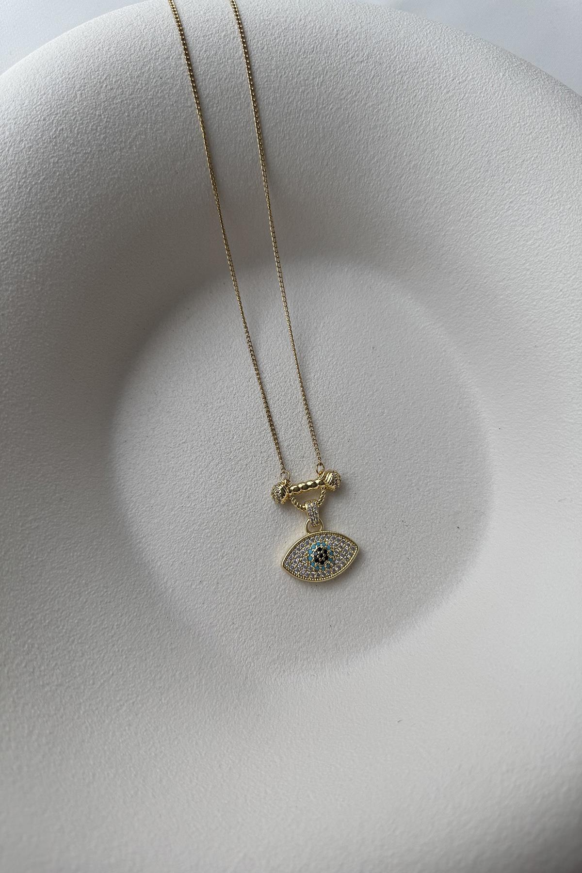 TAŞLI NAZARLI ÇELİK GOLD KOLYE