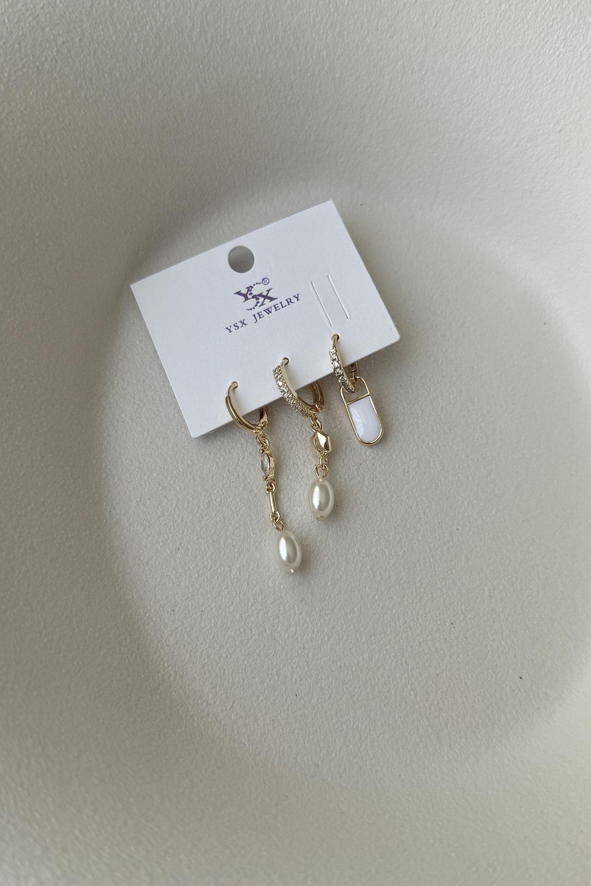 YSX BEYAZ MİNE VE İNCİ SALLANTILI SET KÜPE