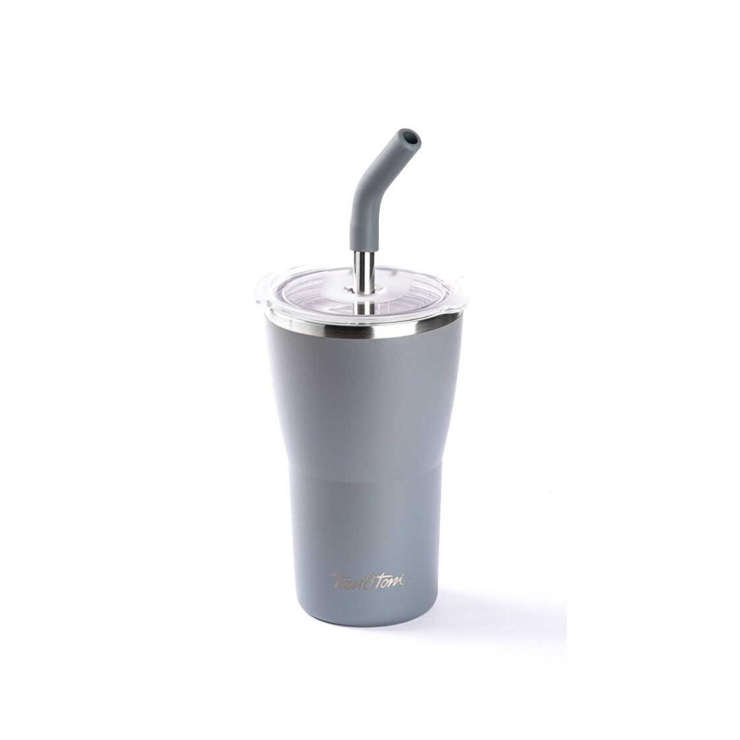 024-01-Gri 2 Kapaklı Çift Katmanlı Pipetli Termos Bardak 410Ml