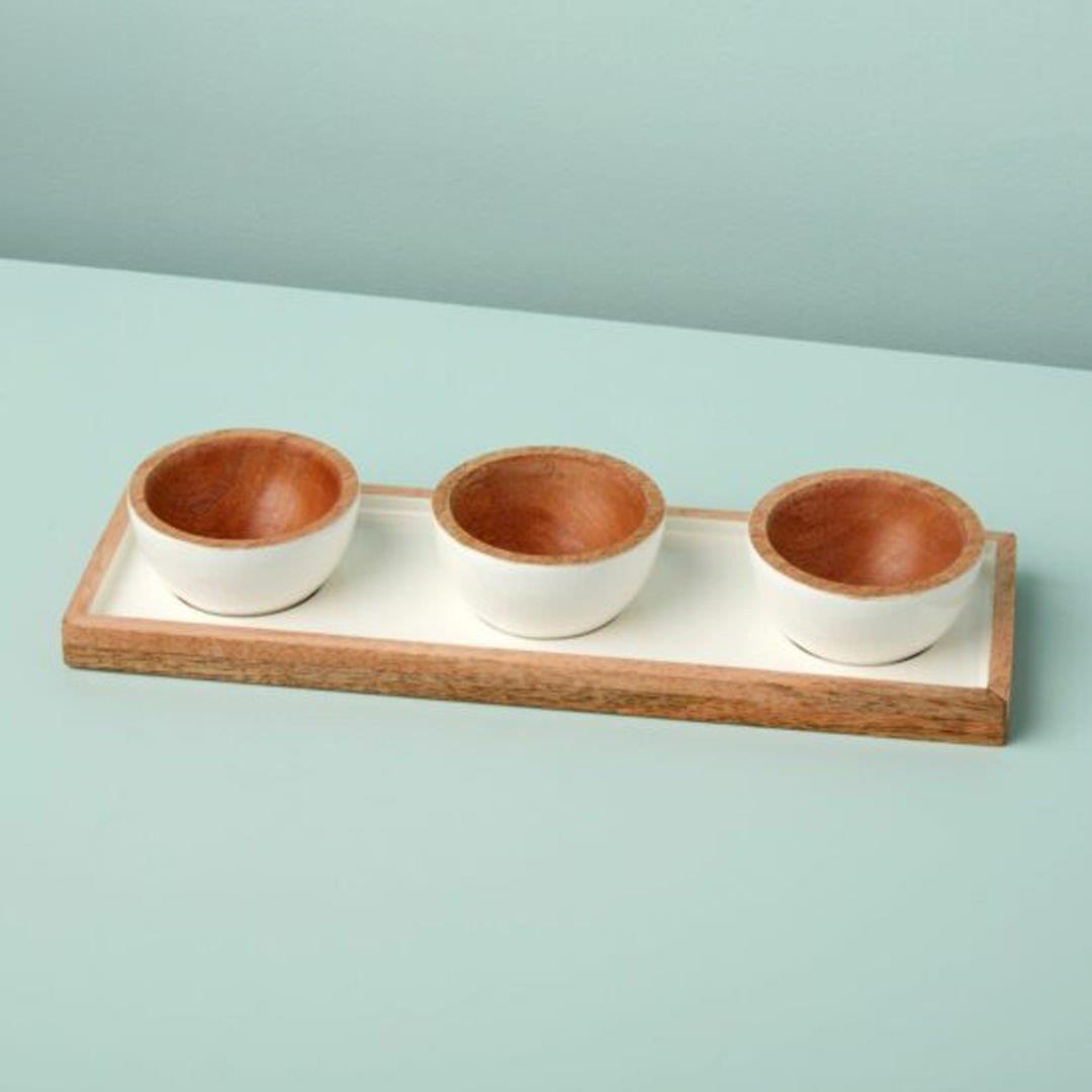4 Parça Mango Ahşap & Beyaz Kase 9,5 X 7 Cm Ve Tepsi 30 X 9,5 Cm