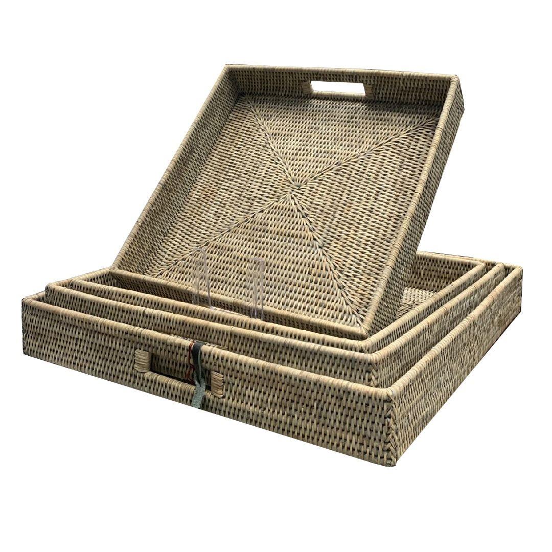 4Lü Hasır Kahvaltı Tepsileri Gri 55x50x45x40 cm