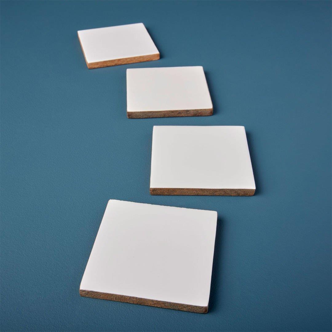 4Lü Set Mango Ahşap & Beyaz Kare Bardak Altlığı 10 X 10 Cm