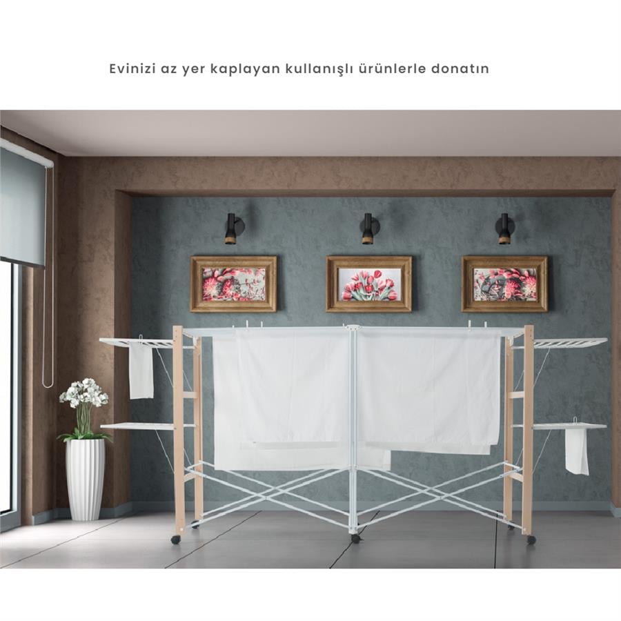 Allungo Katlanır Ahşap Çamaşır Kurutmalık Naturel/Beyaz Renk