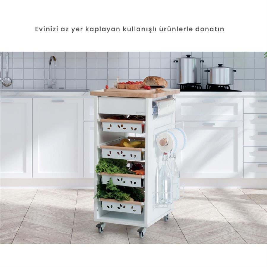 Bistrot Yeni Ahşap Mutfak Arabası  Beyaz/Doğal Renk