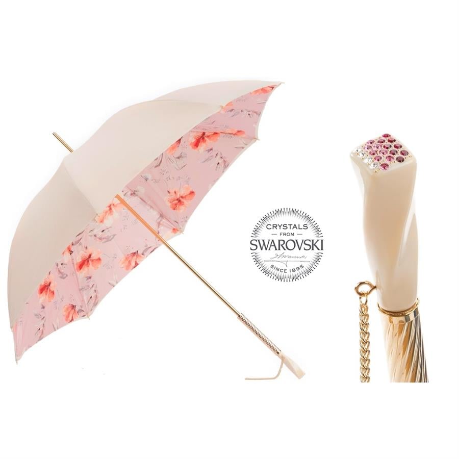 Swarovski® Kristalli Fildişi ve Pembe Çiçekli Şemsiye 93 cm