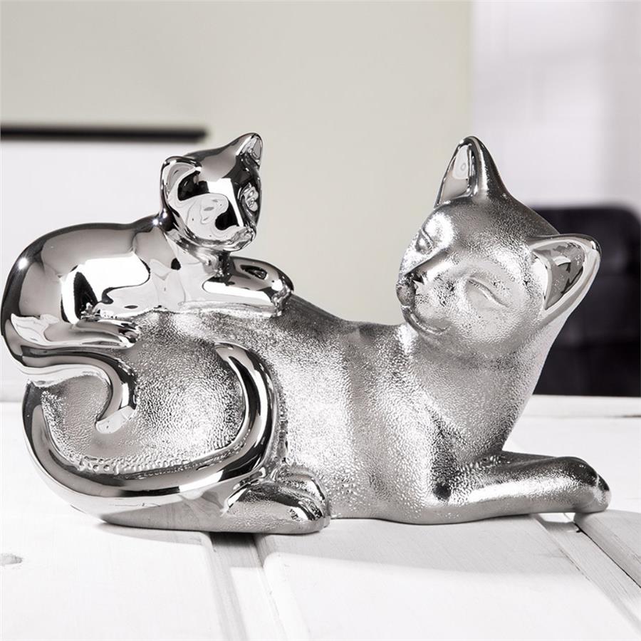 Gılde 2Li Şekil Kedi Porselen Gümüş Renkli L.10 cm W.20 cm H.12 cm
