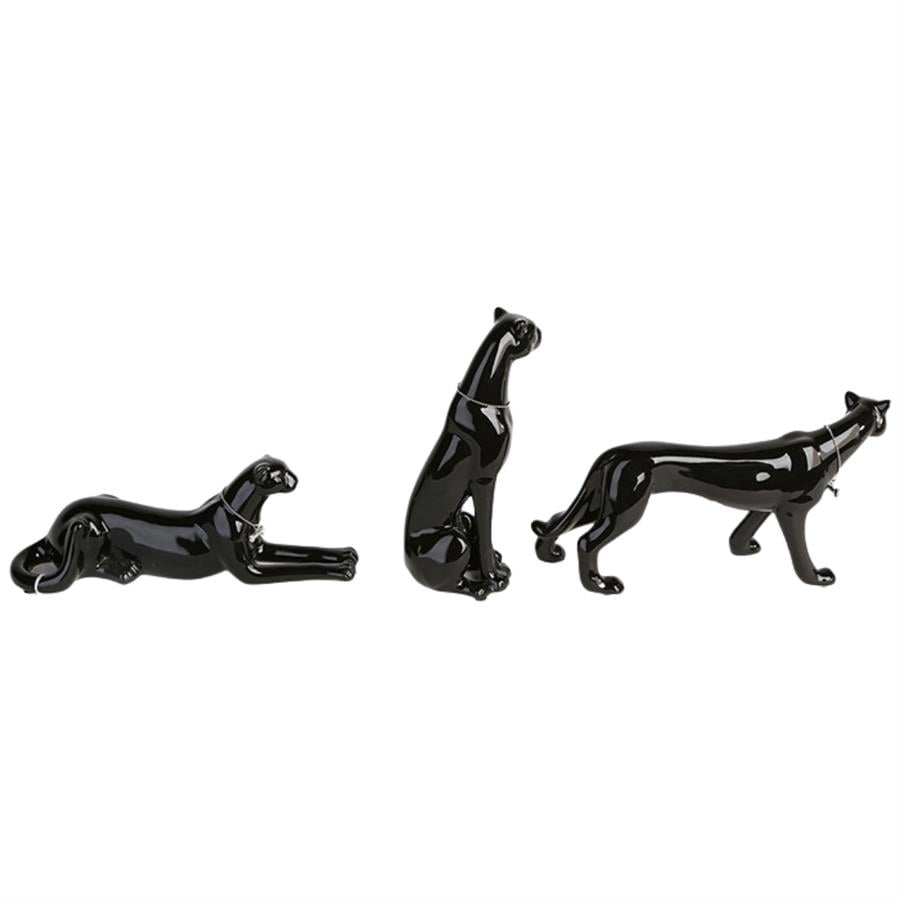 Gılde 3Lü Dekoratif Leopar Porselen Siyah Renk L.7 cm W.28 cm Y.21 cm