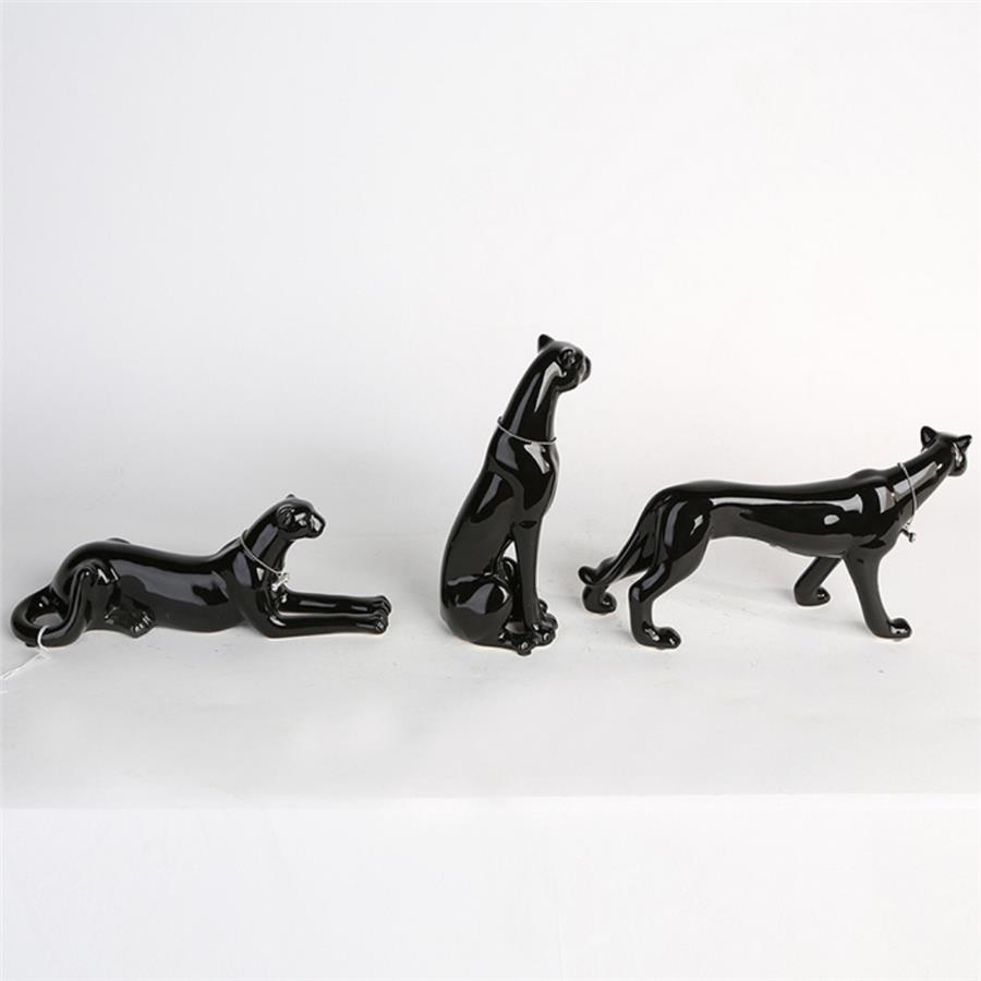 Gılde 3Lü Dekoratif Leopar Porselen Siyah Renk L.7 cm W.28 cm Y.21 cm