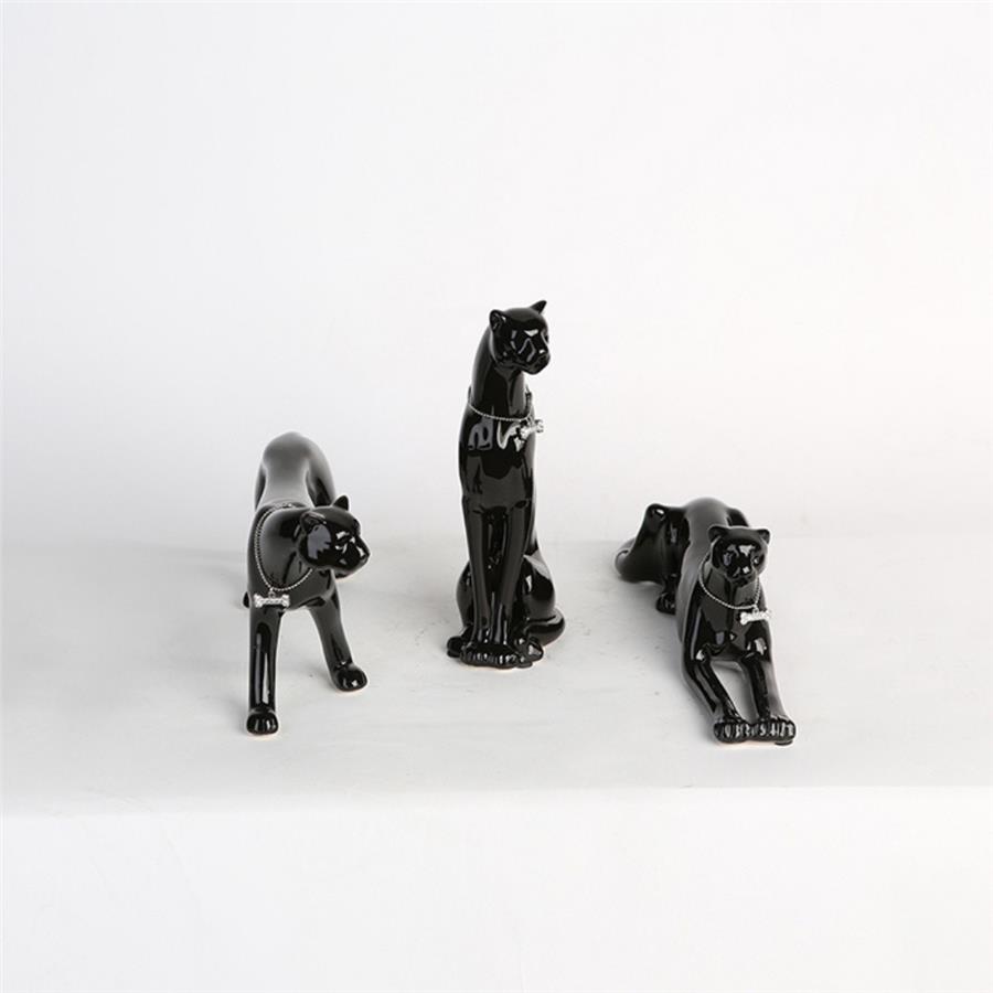 Gılde 3Lü Dekoratif Leopar Porselen Siyah Renk L.7 cm W.28 cm Y.21 cm