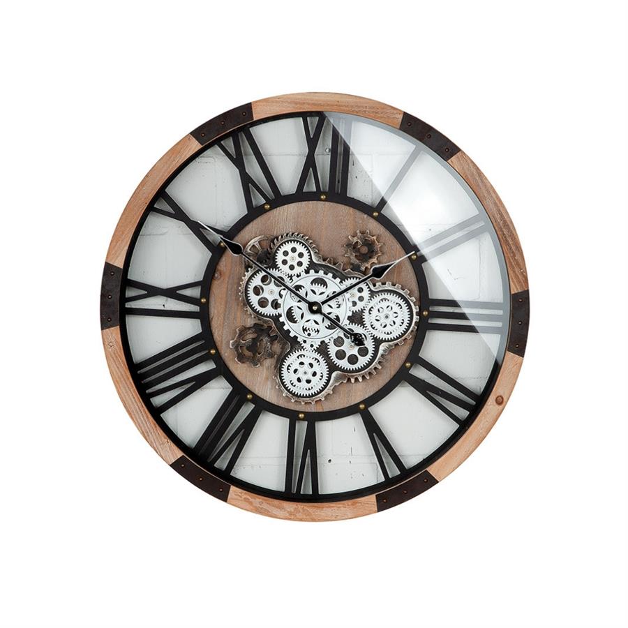 Gılde Duvar Saati Yuvarlak Dişli Motifi Metal Siyah Doğal Renkler L.8 cm D.68 cm