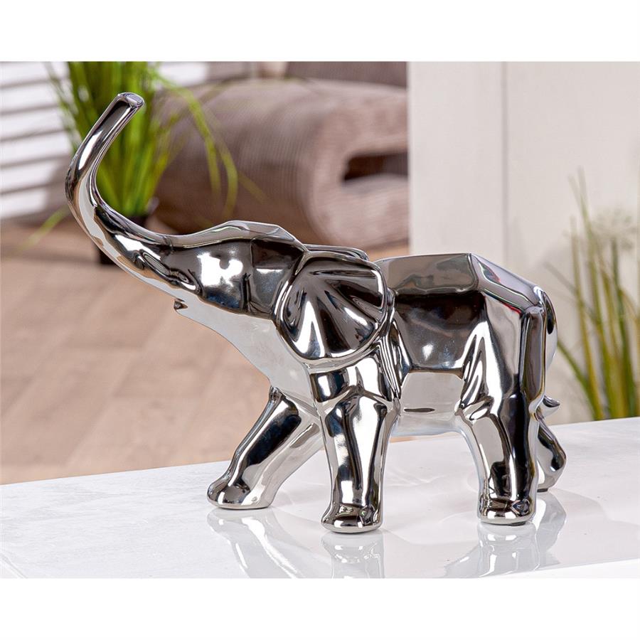 Gılde Figür Fil Seramik Gümüş Renkli Büyük Boy L.12 cm W.31 cm H.27 cm