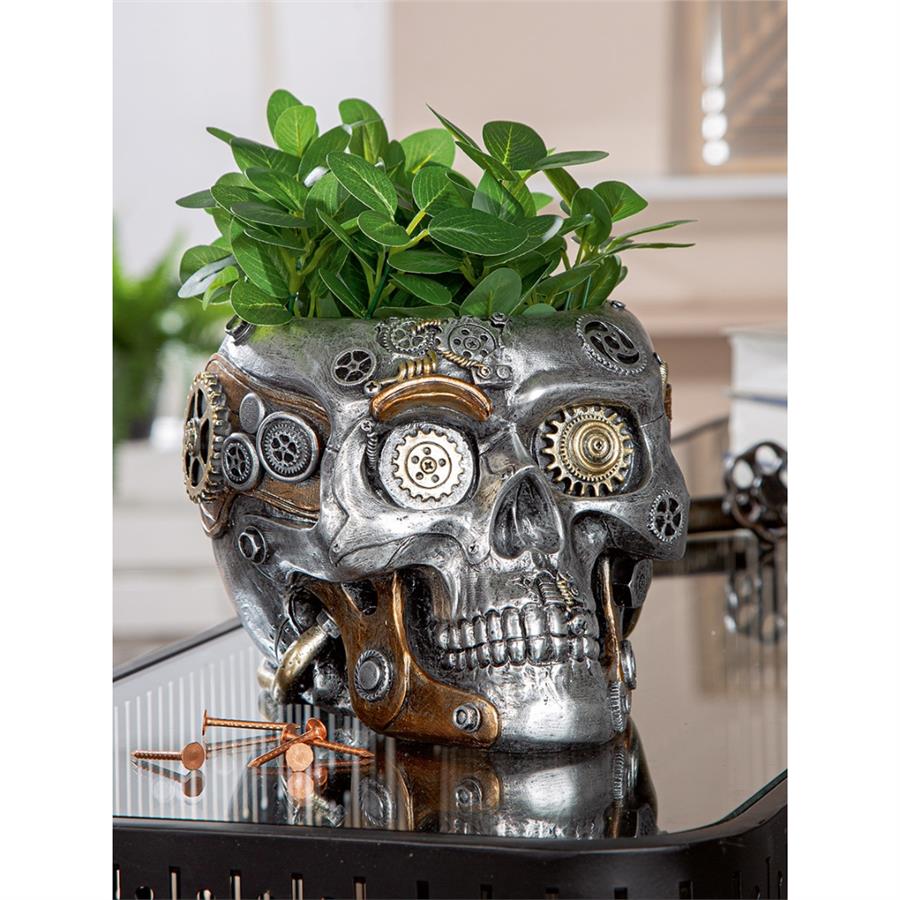 Gılde Kafatası Saksı Dişli Motifi Sentetik Reçine Gümüş Renkli L.23 cm W.18 cm H.14 cm