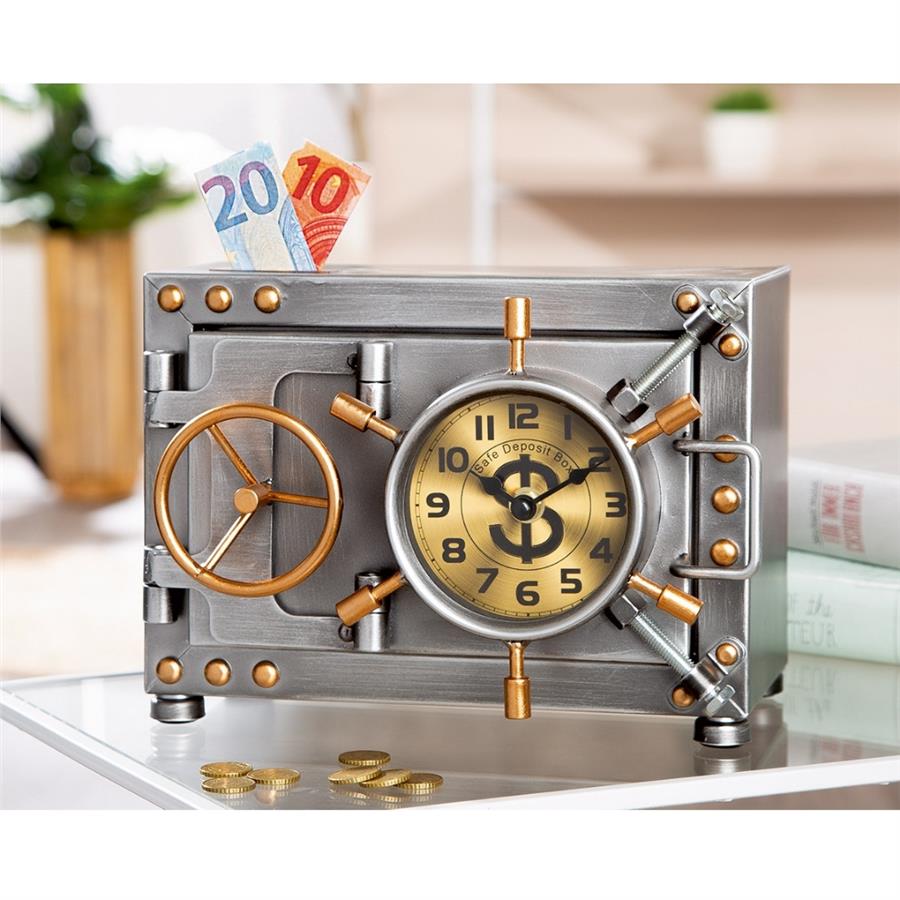 Gılde Kumbara Zemin/Masa Saati Kasa Metal Gümüş Renkli L.17 cm G.24 cm Y.18 cm