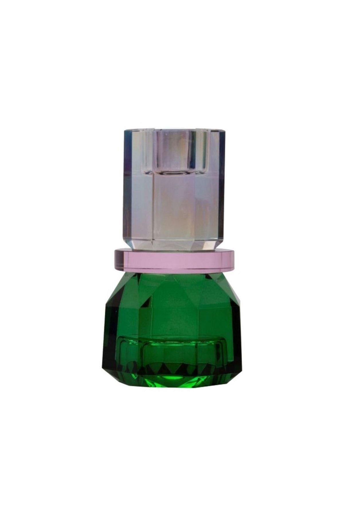 Kristal Mum Tutucu, Gökkuşağı/Pembe/Ö. Yeşil, 7X7X13 Cm