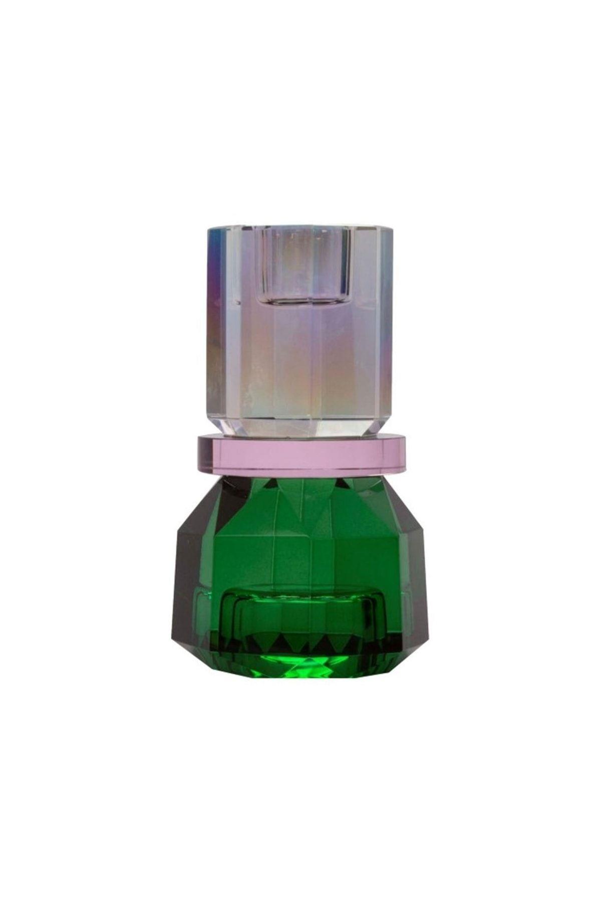 Kristal Mum Tutucu, Gökkuşağı/Pembe/Ö. Yeşil, 7X7X13 Cm