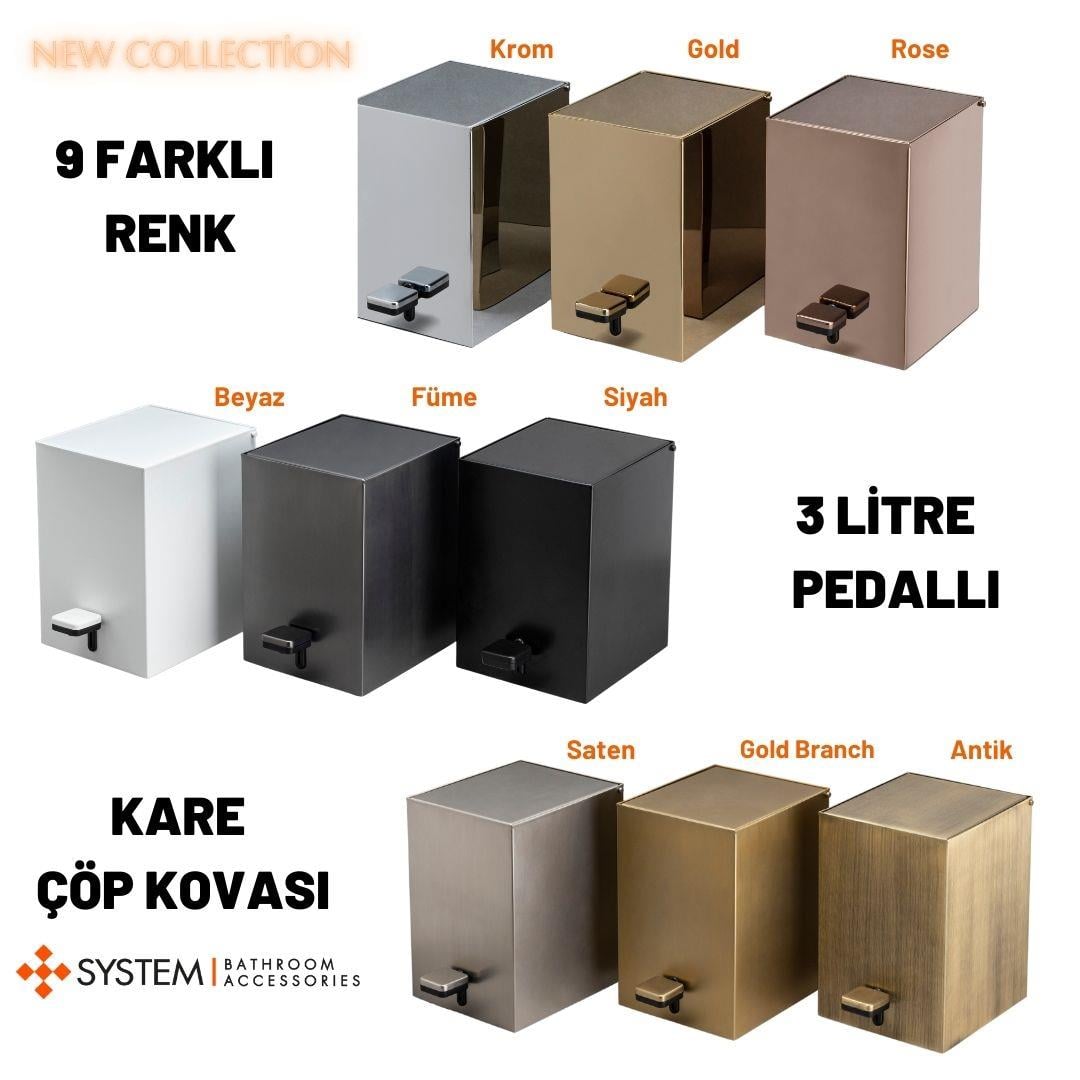 Pedallı Kare Çöp Kovası 3 Lt Saten 262x245x180 mm