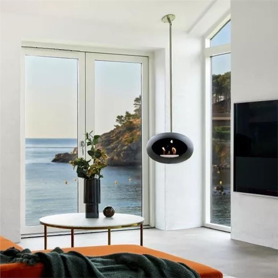 Siyah Kubbe Şömine & Parlak Çelik 140 Cm Çelik Brülör / Black Sky - Polished Steel - 140 Cm- Steel Burner