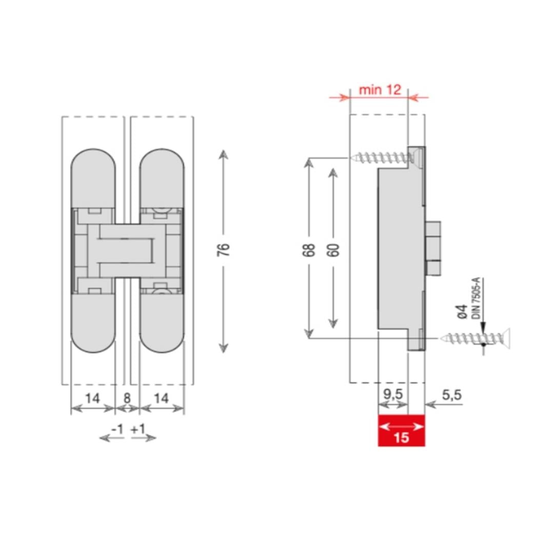 System Gizli Menteşe 76X14 mm 16 Kg Parlak Nikel Renk