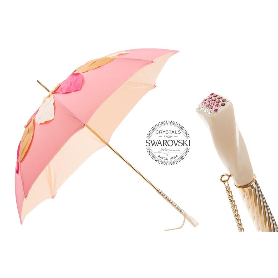 Swarovski® Kristal Saplı, Yapraklı Çift Kat Kumaşlı Pembe Şemsiye 93 cm