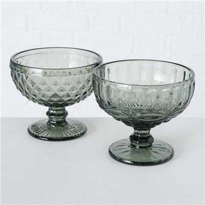 2Li Gri Cam Dekoratif Yuvarlak Kase 11Cm-12Cm Seti