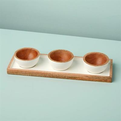 4 Parça Mango Ahşap & Beyaz Kase 9,5 X 7 Cm Ve Tepsi 30 X 9,5 Cm