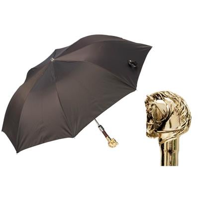 Altın At Figürlü Kahverengi Katlanır/Otomatik Şemsiye 95 cm