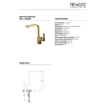 Aqua Eviye Mutfak Bataryası Köşe Borulu Altın