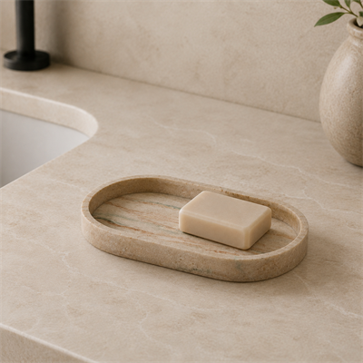 Aura - Traverten Görünümlü Banyo Tepsisi Doğal Taş Dokulu