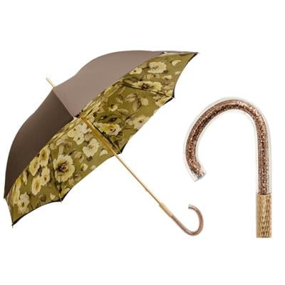Çiçek ve Simli Haki Asetat Saplı Şemsiye 93 cm