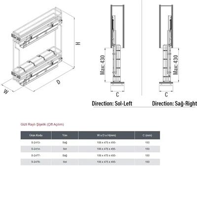 Çift Açılım Gizli Raylı Şişelik Sol Krom Renk