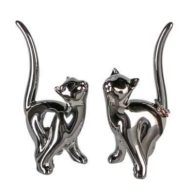 Gılde 2Li Dekoratif Kedi Seramik Gümüş Renkli L.6 cm W.8 cm H.15 cm