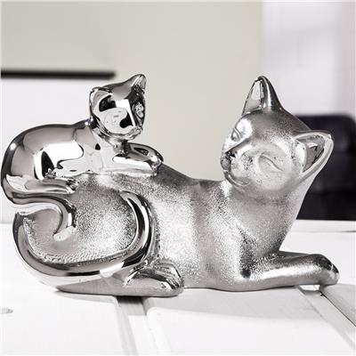 Gılde 2Li Şekil Kedi Porselen Gümüş Renkli L.10 cm W.20 cm H.12 cm