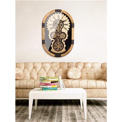 Gılde Duvar Saati Oval Dişli Çark Motifli Metal Siyah Altın Renkli L.8 cm G.39 cm Y.58 cm